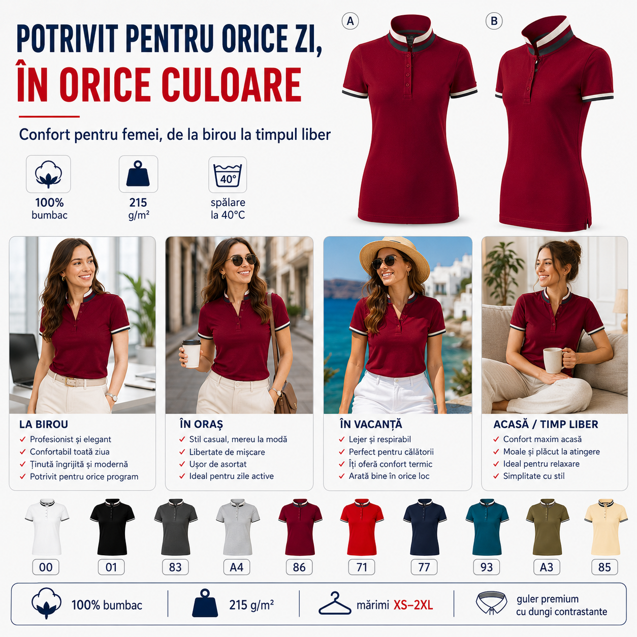 Tricou polo damă premium potrivit pentru birou oraș vacanță timp liber și ținute casual elegante